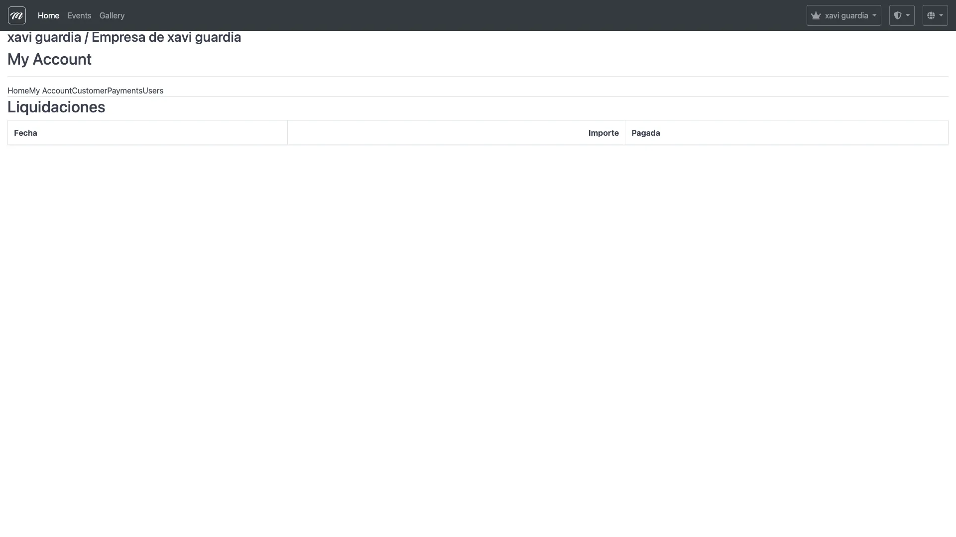 Pestaña Payments mostrando la tabla de liquidaciones