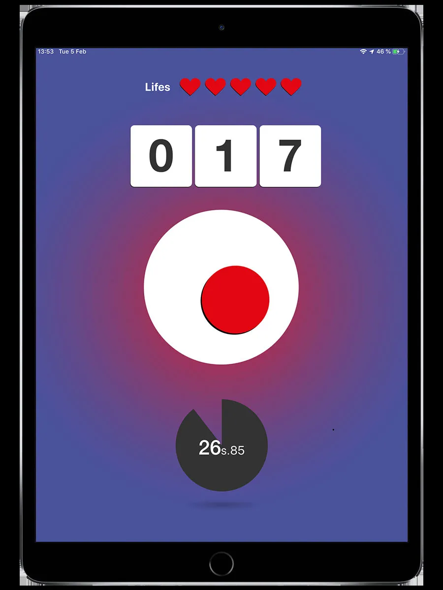 Physical Activity challenge screen showing a red action button, lives counter, and score display