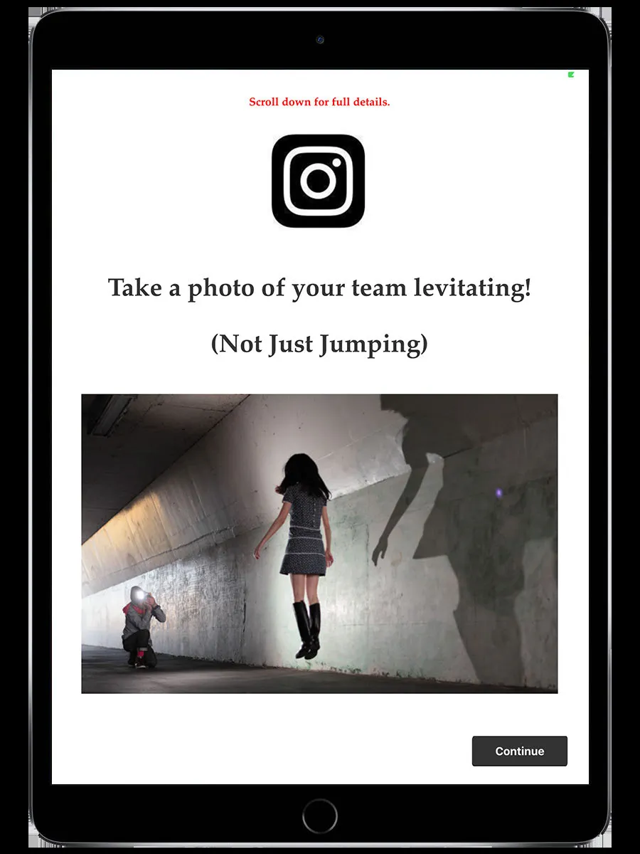 Photo/Video challenge screen showing "Take a photo levitating" briefing and camera controls