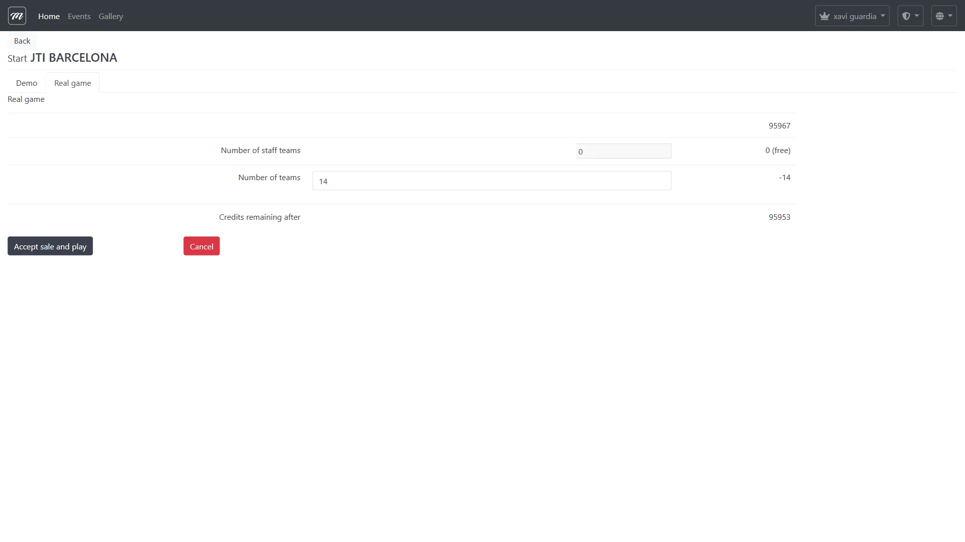 Pestaña Real Game mostrando saldo de créditos, conteos de equipos y cálculo de coste