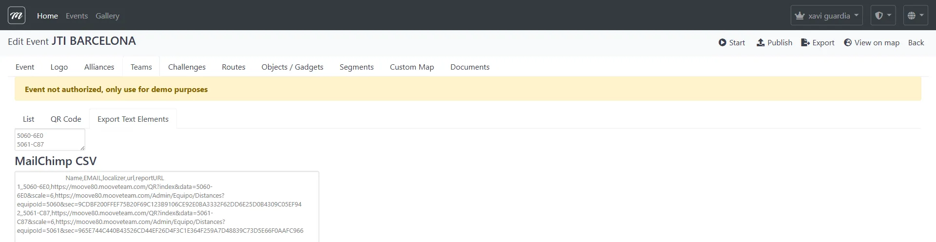 Export Text Elements sub-tab showing team localizer list and MailChimp CSV with registration URLs