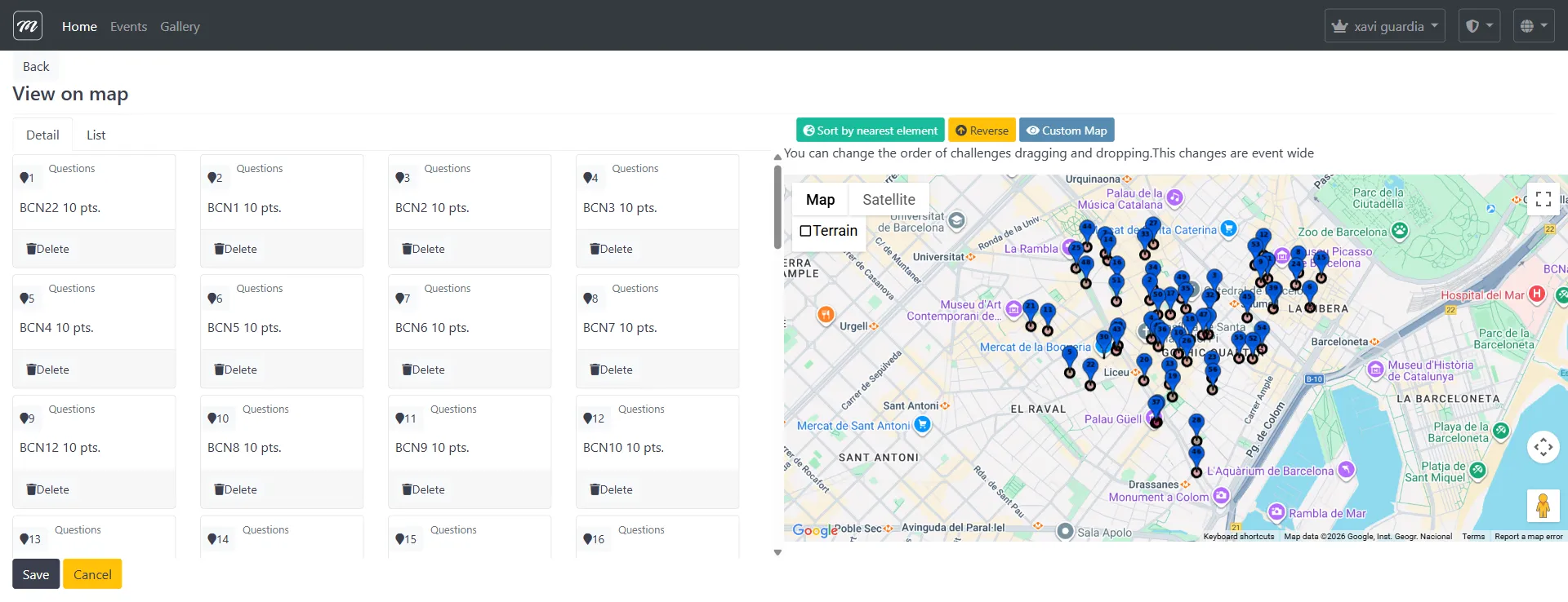 Map view showing all challenge locations as numbered pins