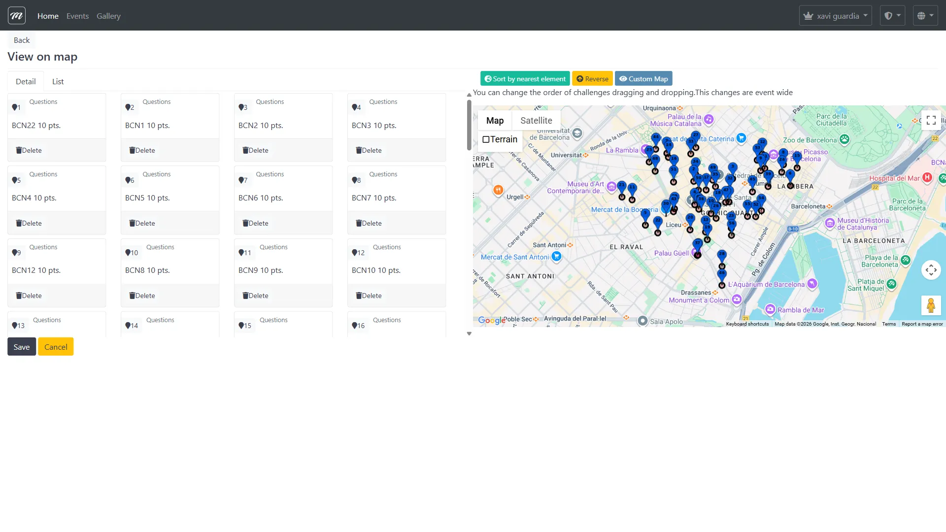 Vista de mapa mostrando todas las ubicaciones de retos como pines numerados