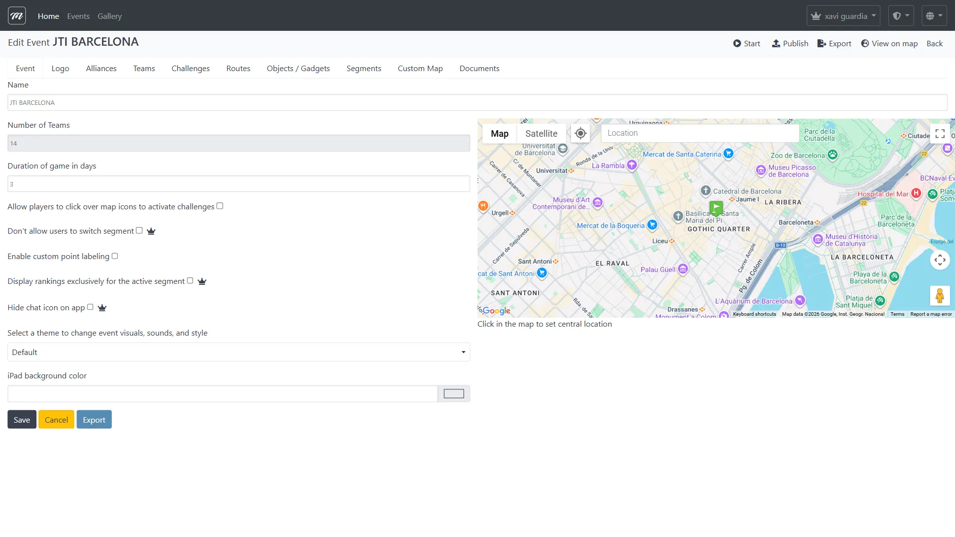 Página de edición del evento con barra de acciones: Start, Publish, Export, View on map, Back