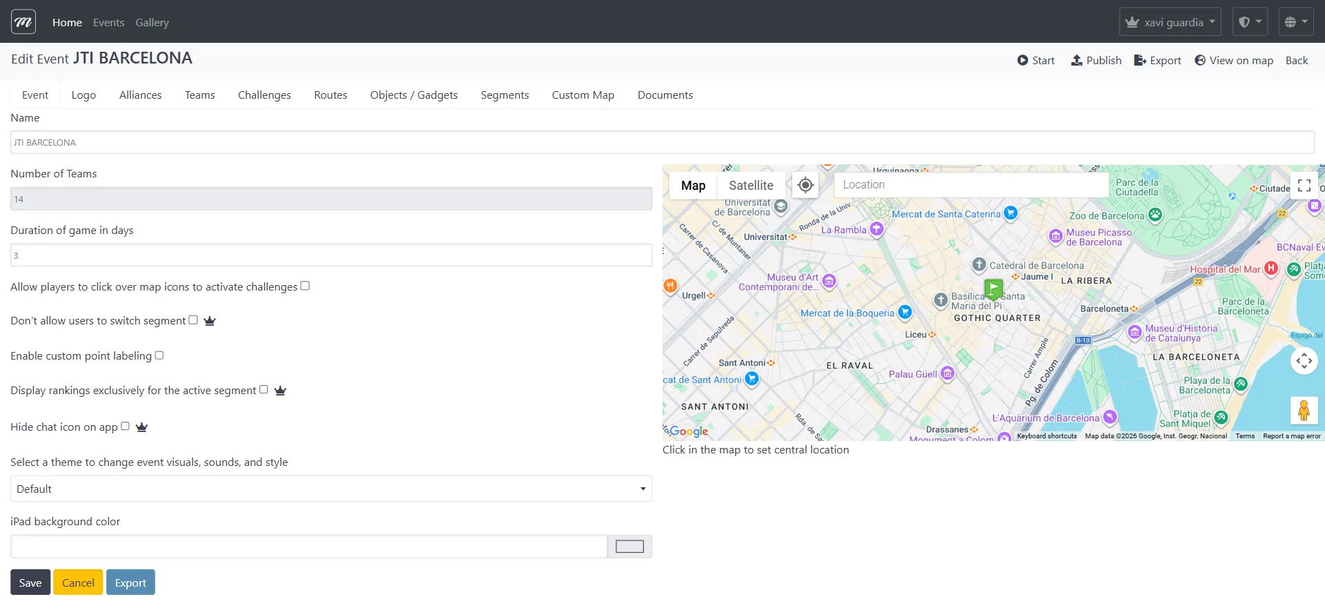 Event edit page with action bar: Start, Publish, Export, View on map, Back