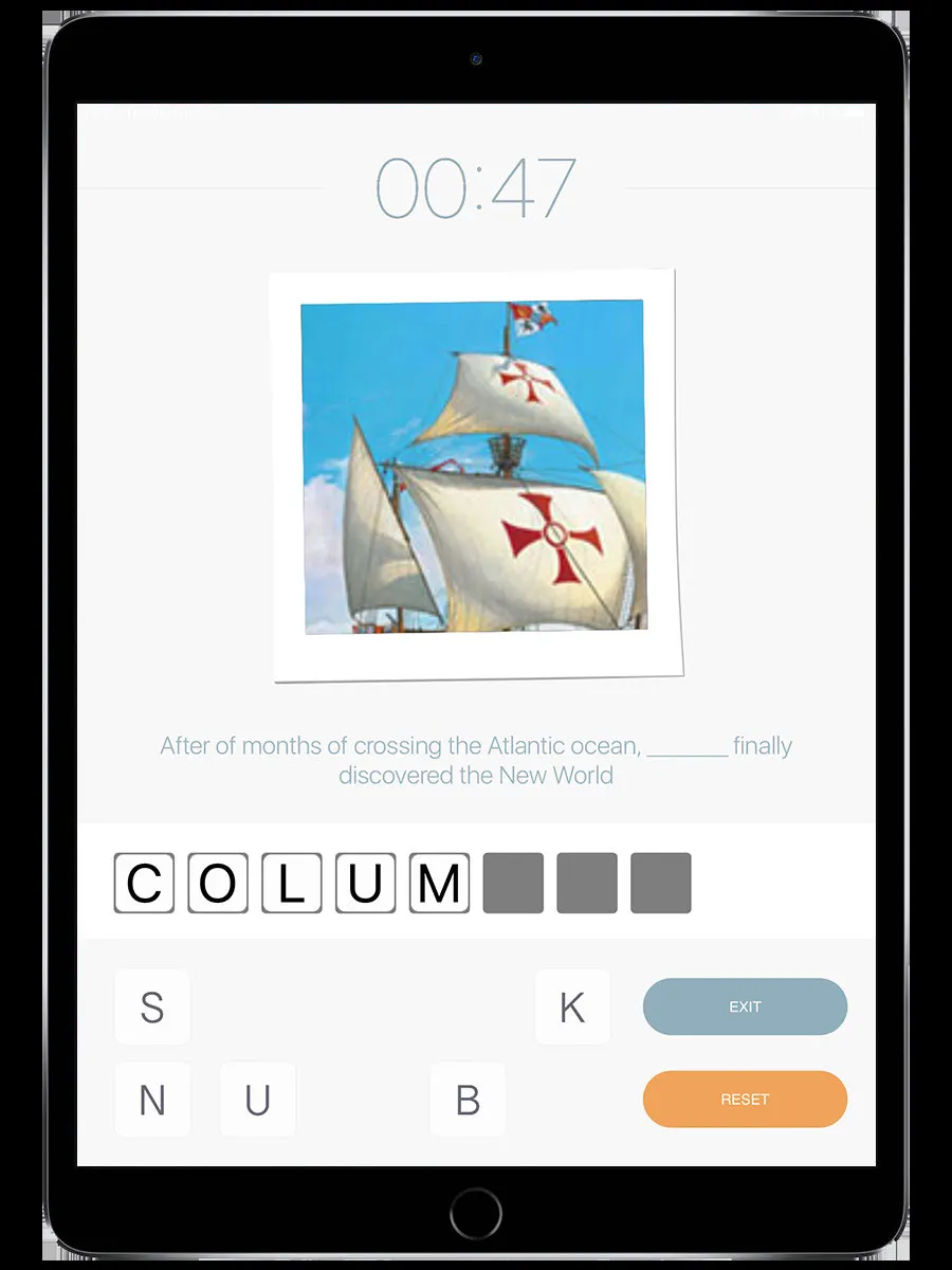 Guess the Word challenge in easy mode showing blank letter tiles for "COLUM___" with Columbus image clue and alphabet grid