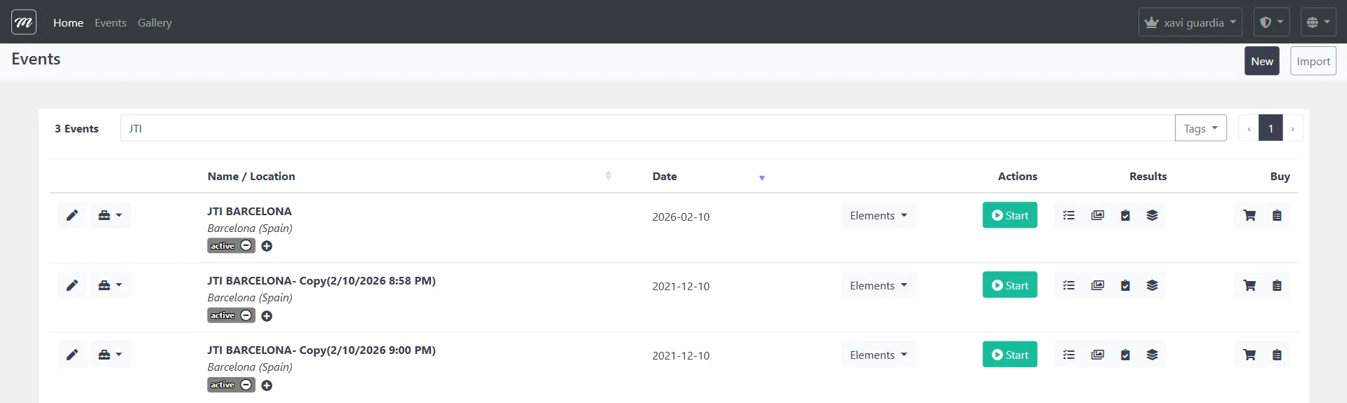 Events list after a successful export download