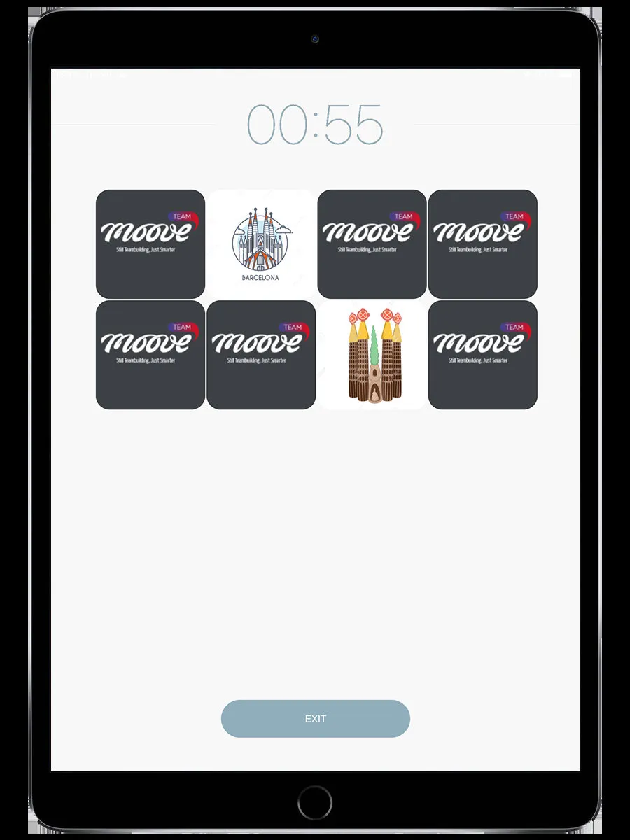 Find the Pairs challenge screen showing a memory card grid with Barcelona landmark images