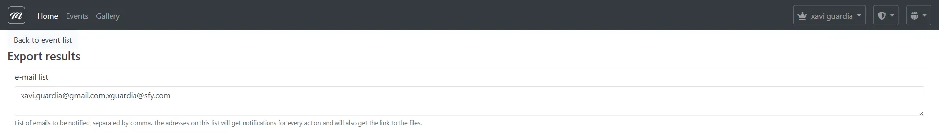 Export photos form showing the email notification list and Export button