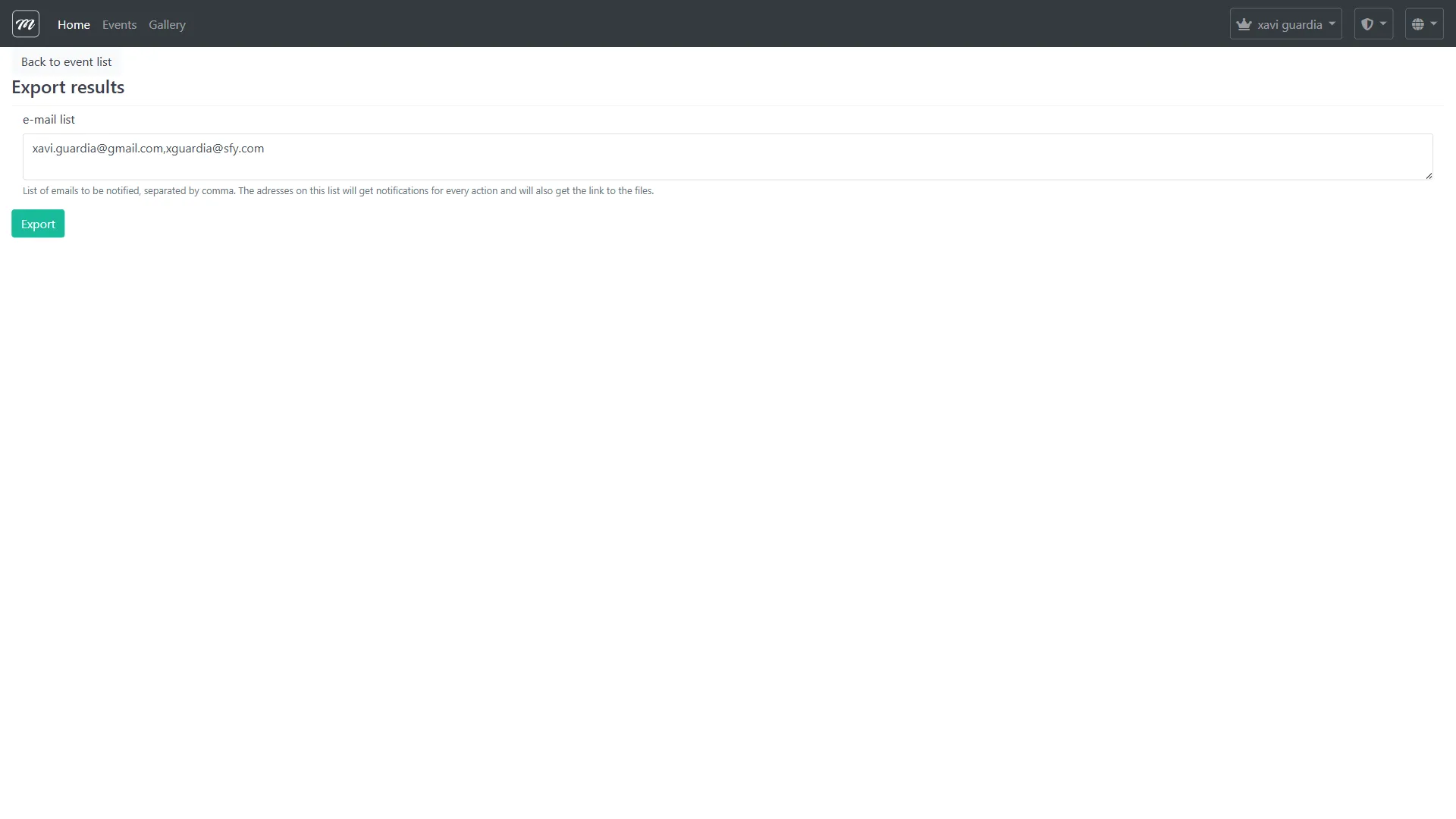Formulario de exportación de fotos mostrando la lista de emails de notificación y el botón Export