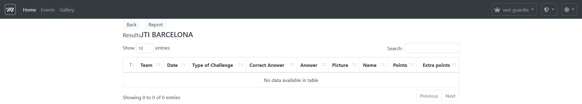 Results page showing the interactive table with team scores, challenge types, and answers