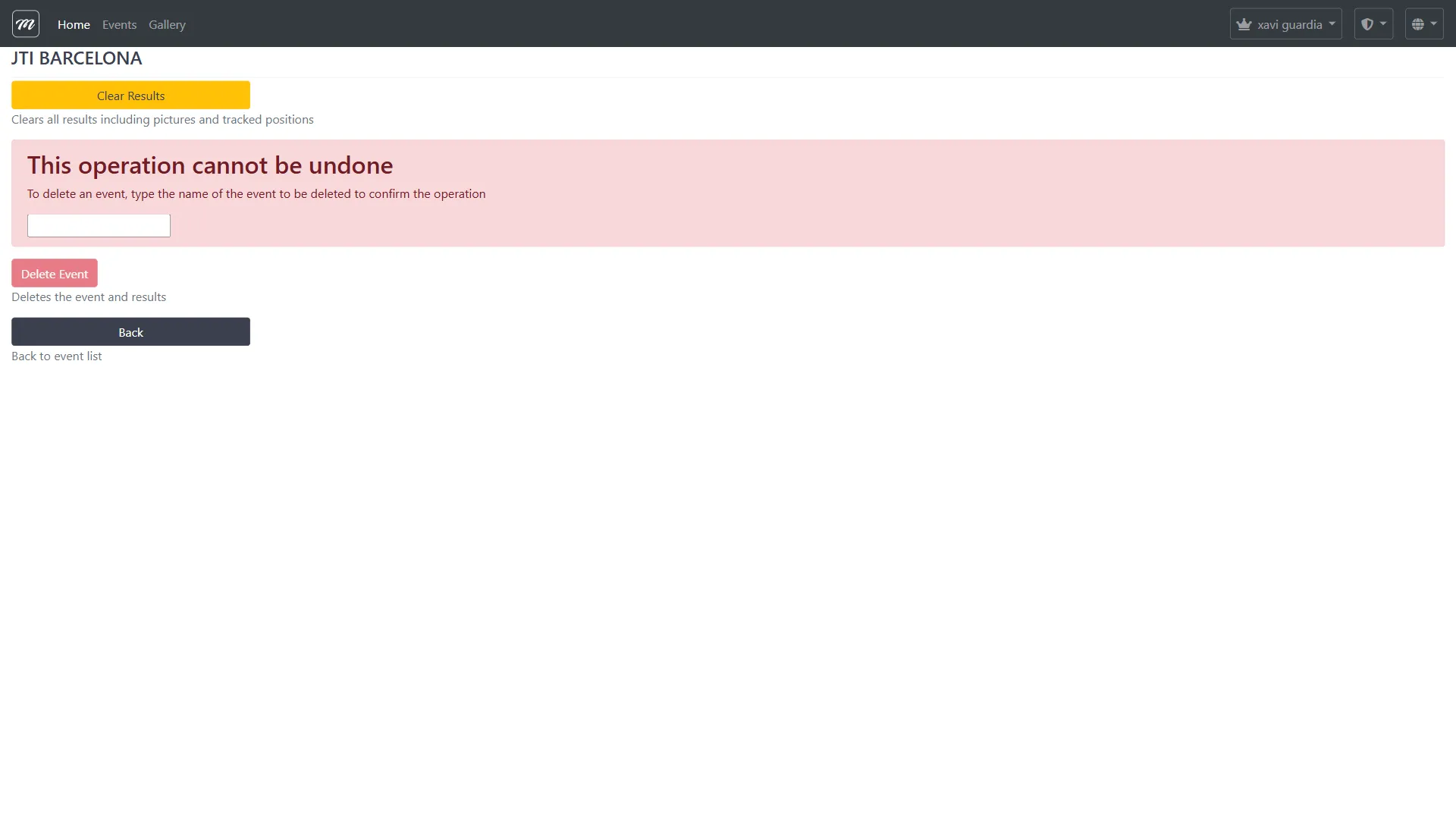Página de confirmación de borrar resultados y eliminar evento