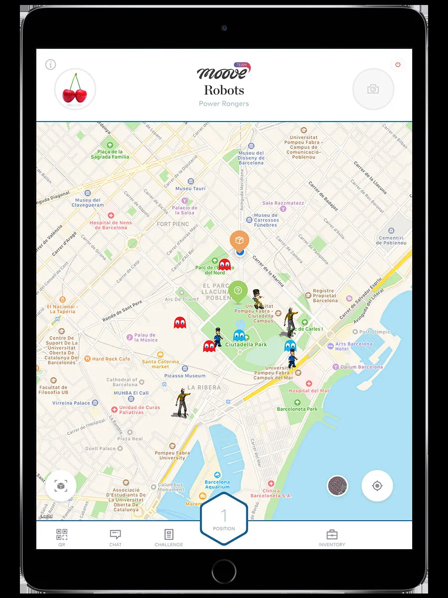 Robot challenge showing animated ghost and zombie characters moving on a Barcelona map