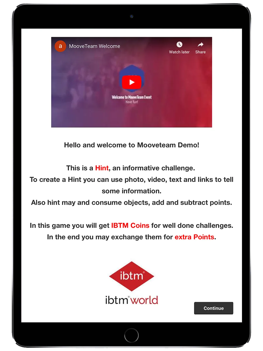 Challenge briefing screen showing intro video, description text, and Continue button