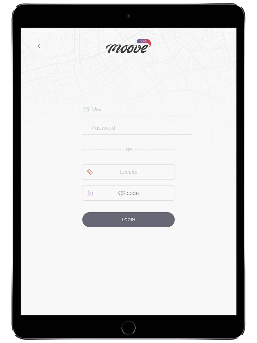 MooveXR login screen showing User/Password fields, Locator code field, QR code button, and Login button