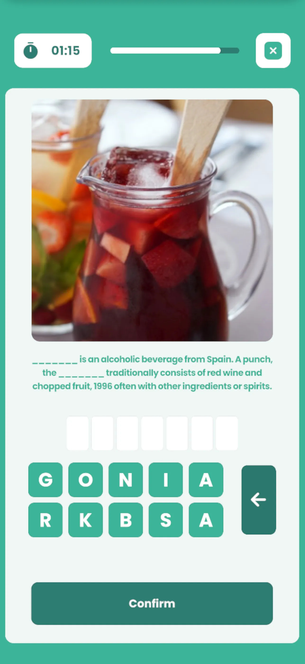 MooveGoXR guess the word challenge showing a sangria image with letter tiles and fill-in-the-blanks