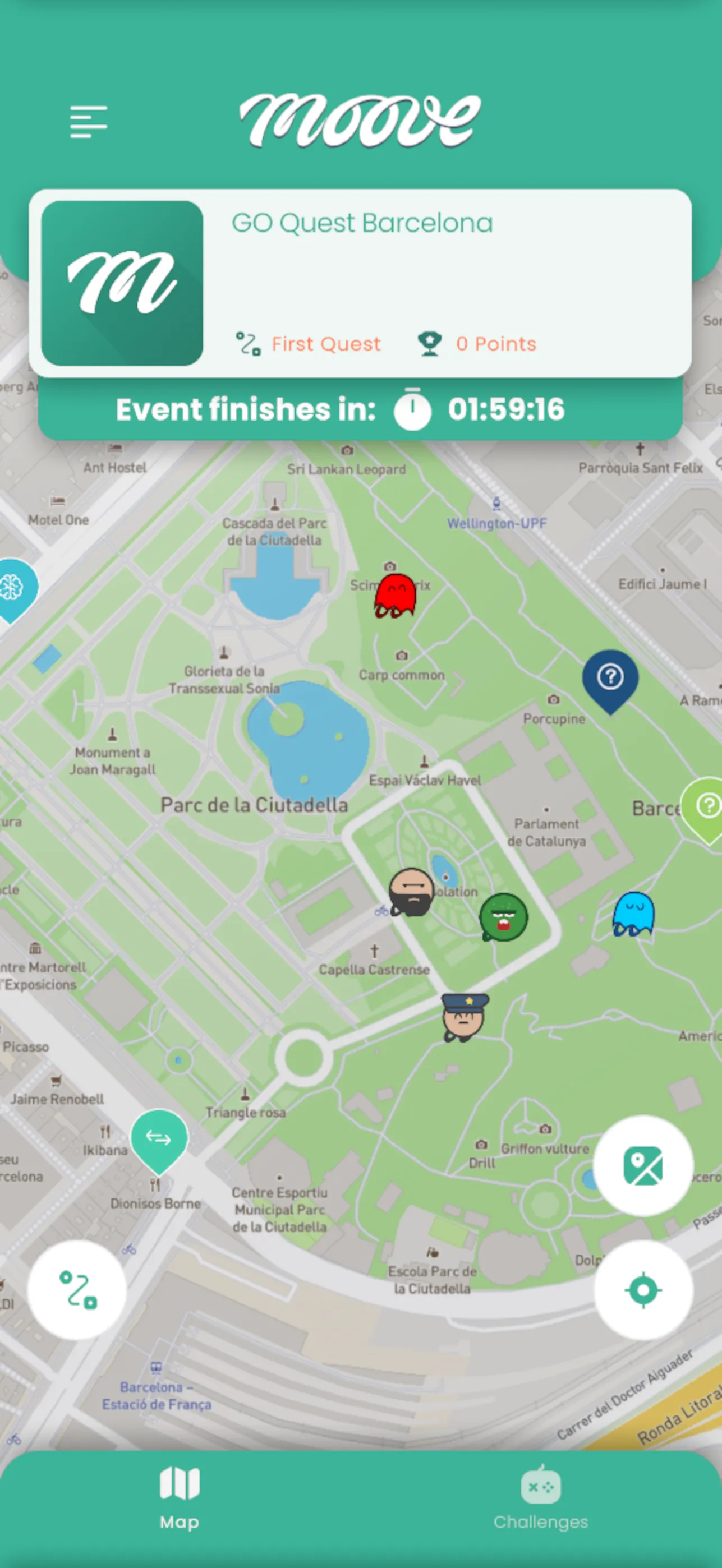 MooveGoXR map view showing challenge markers, event timer countdown, and the simplified navigation bar