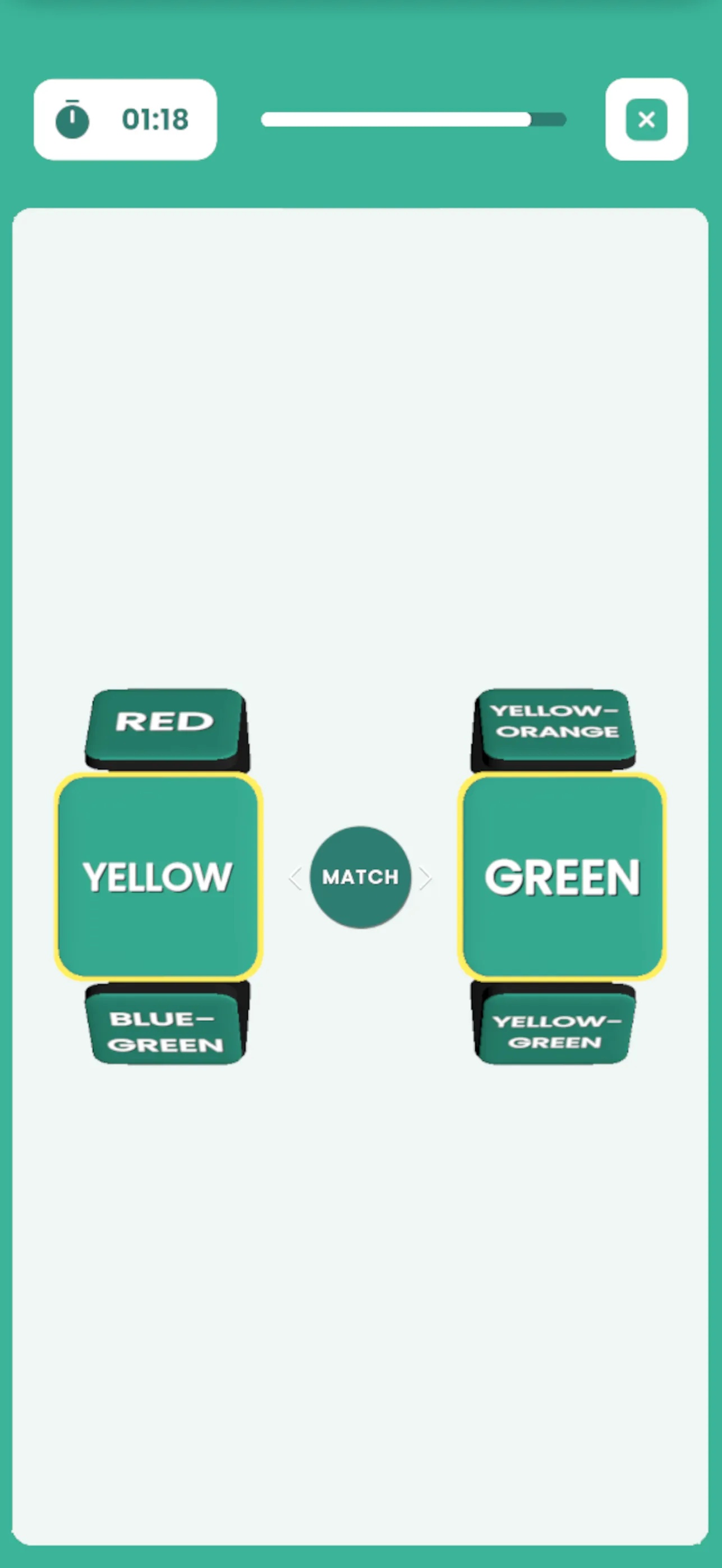 MooveGoXR related words challenge with rotating color-name cubes and a MATCH button