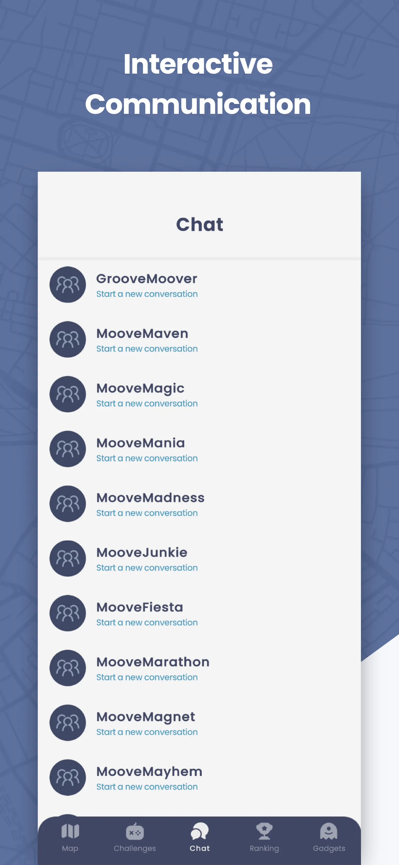 MooveXR chat team list showing all teams with conversation starters