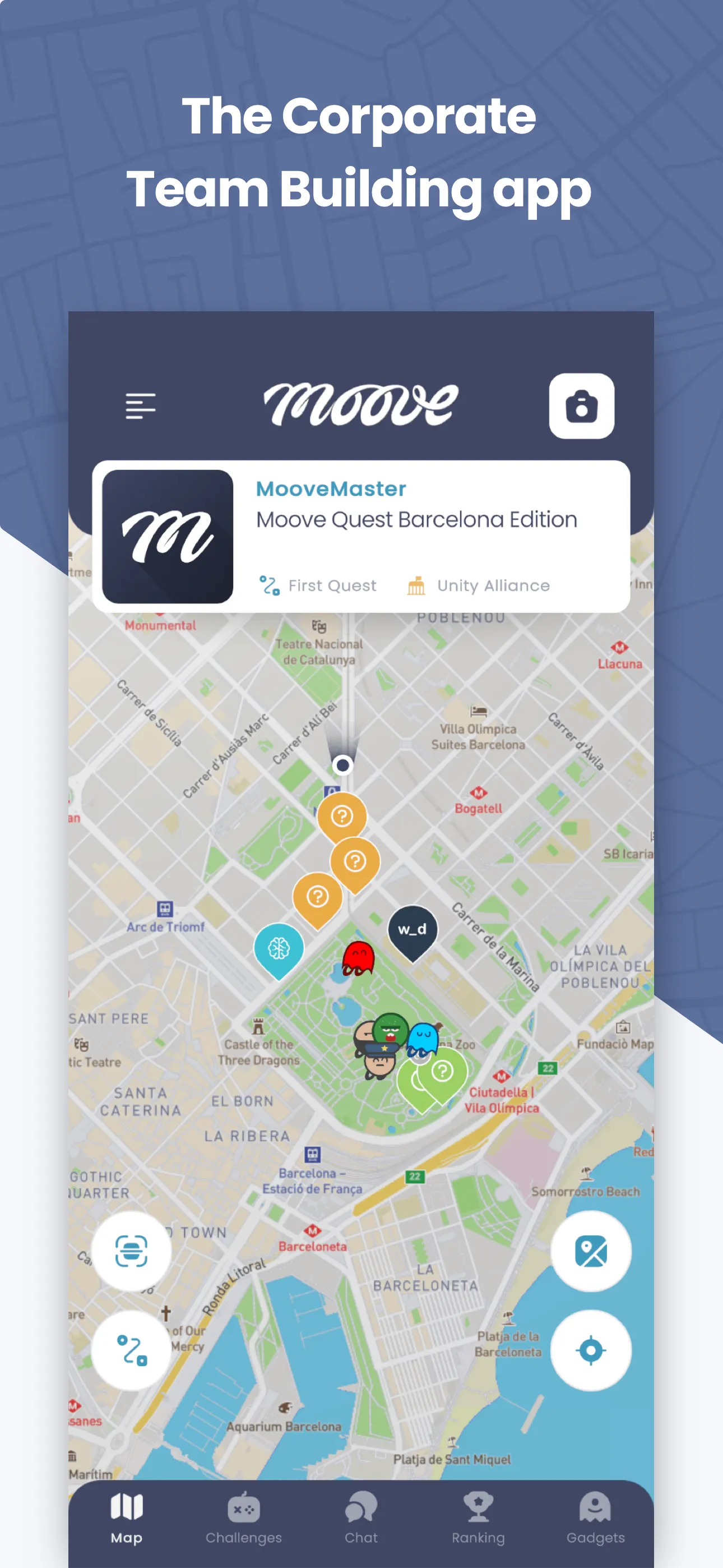 MooveXR map view showing all navigation tabs: Map, Challenges, Chat, Ranking, and Gadgets