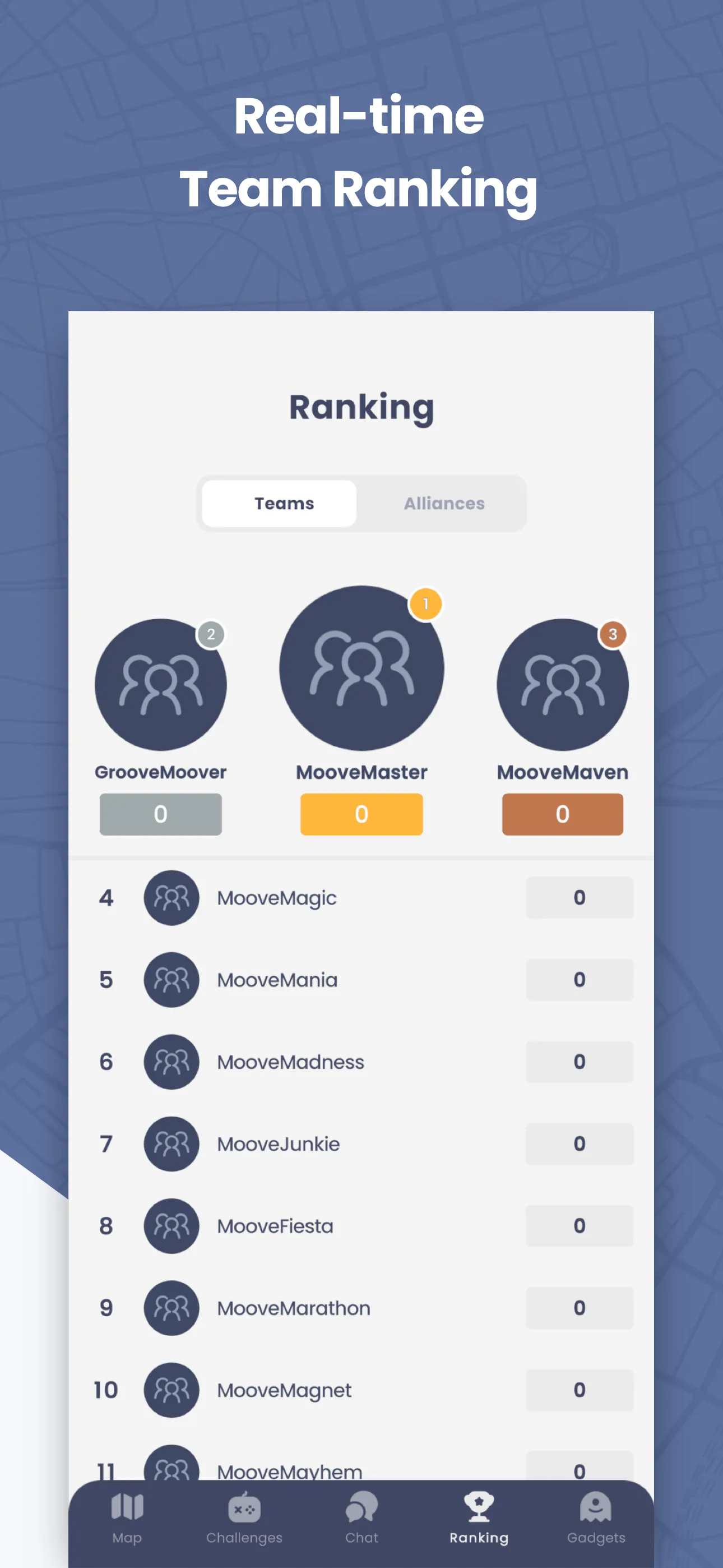 MooveXR ranking showing the top-3 podium, Teams and Alliances tabs, and the full leaderboard