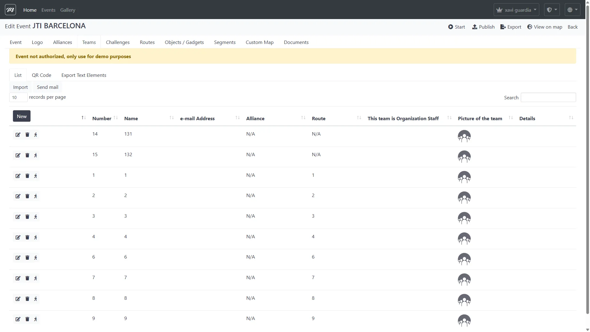 Teams list showing 14 teams with route assignments, staff flags, and device bindings