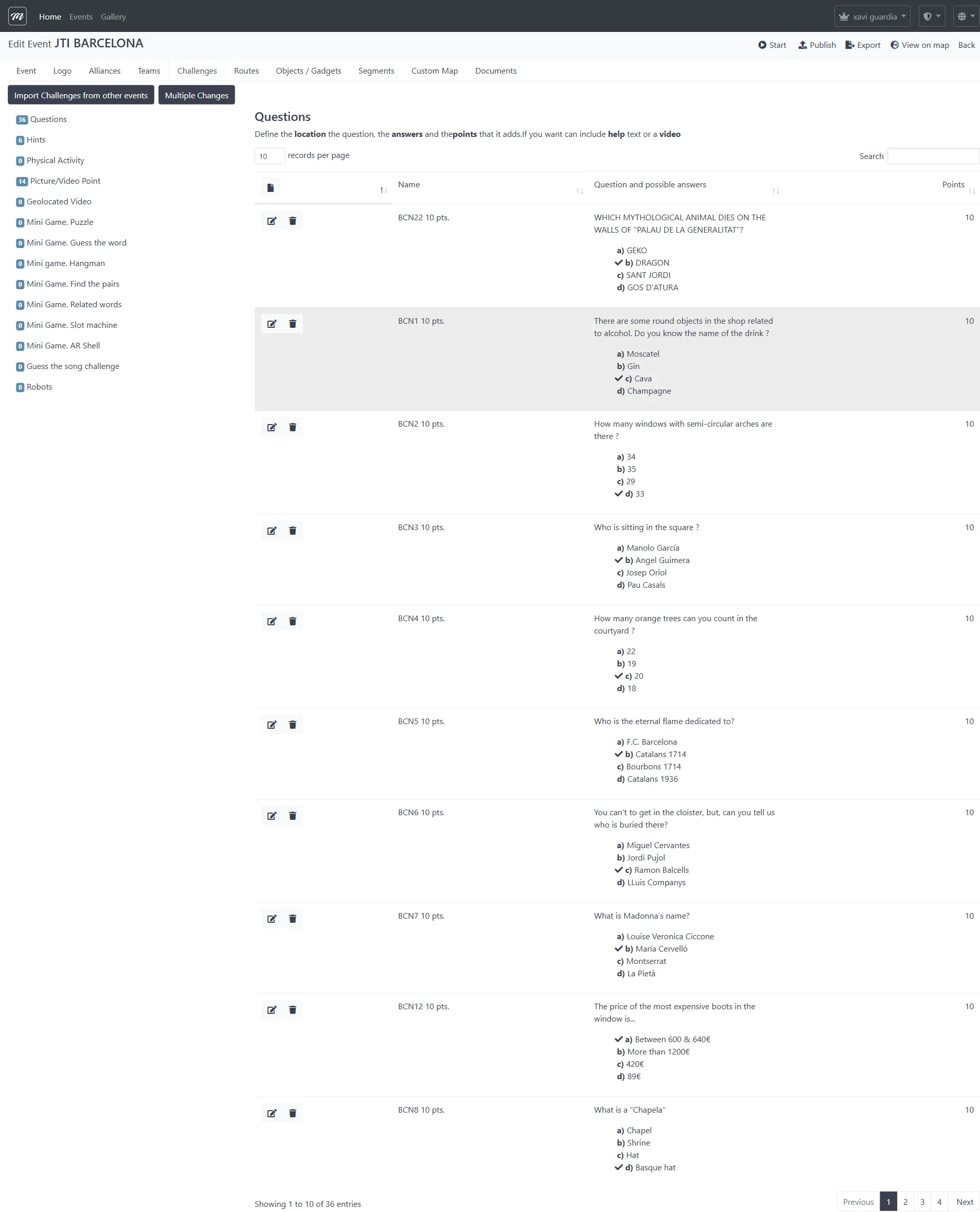 Lista de retos mostrando 56 retos con sidebar de tipos contando 14 tipos de reto