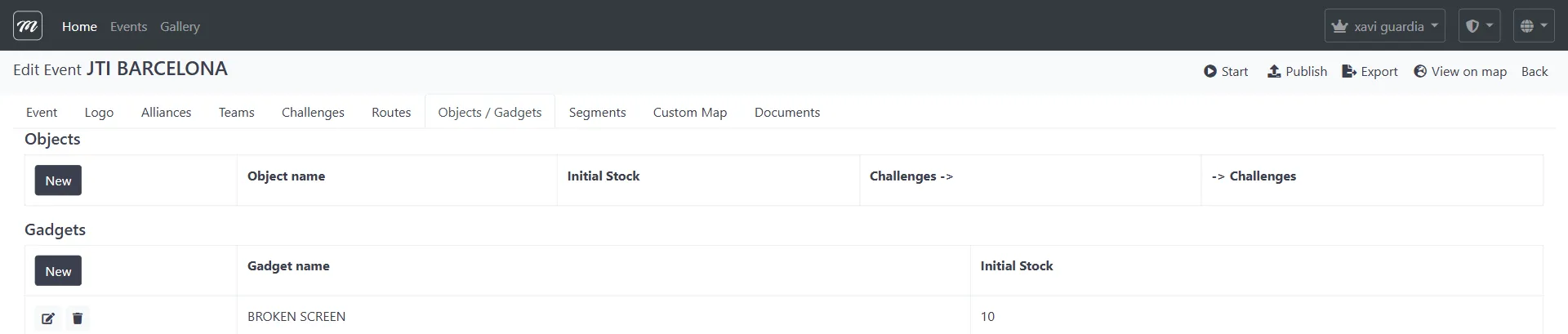 Objects and Gadgets tab showing 4 configured gadgets with stock levels
