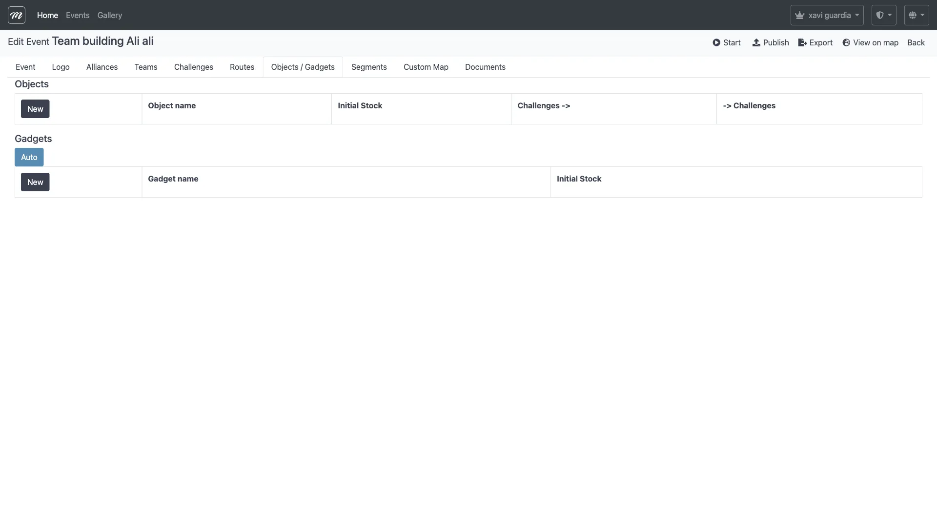 Pestaña Objects and Gadgets mostrando gadgets configurados