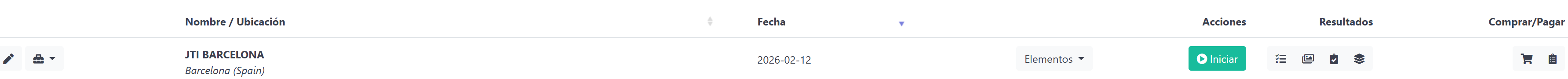Fila completa de lista de eventos mostrando todos los botones de acción, etiquetas de estado y controles